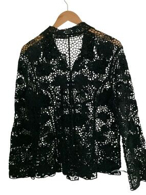 Lafei Nier Womens XL Crochet Sheer Button Up Shirt Black Long Sleeve Floral Goth